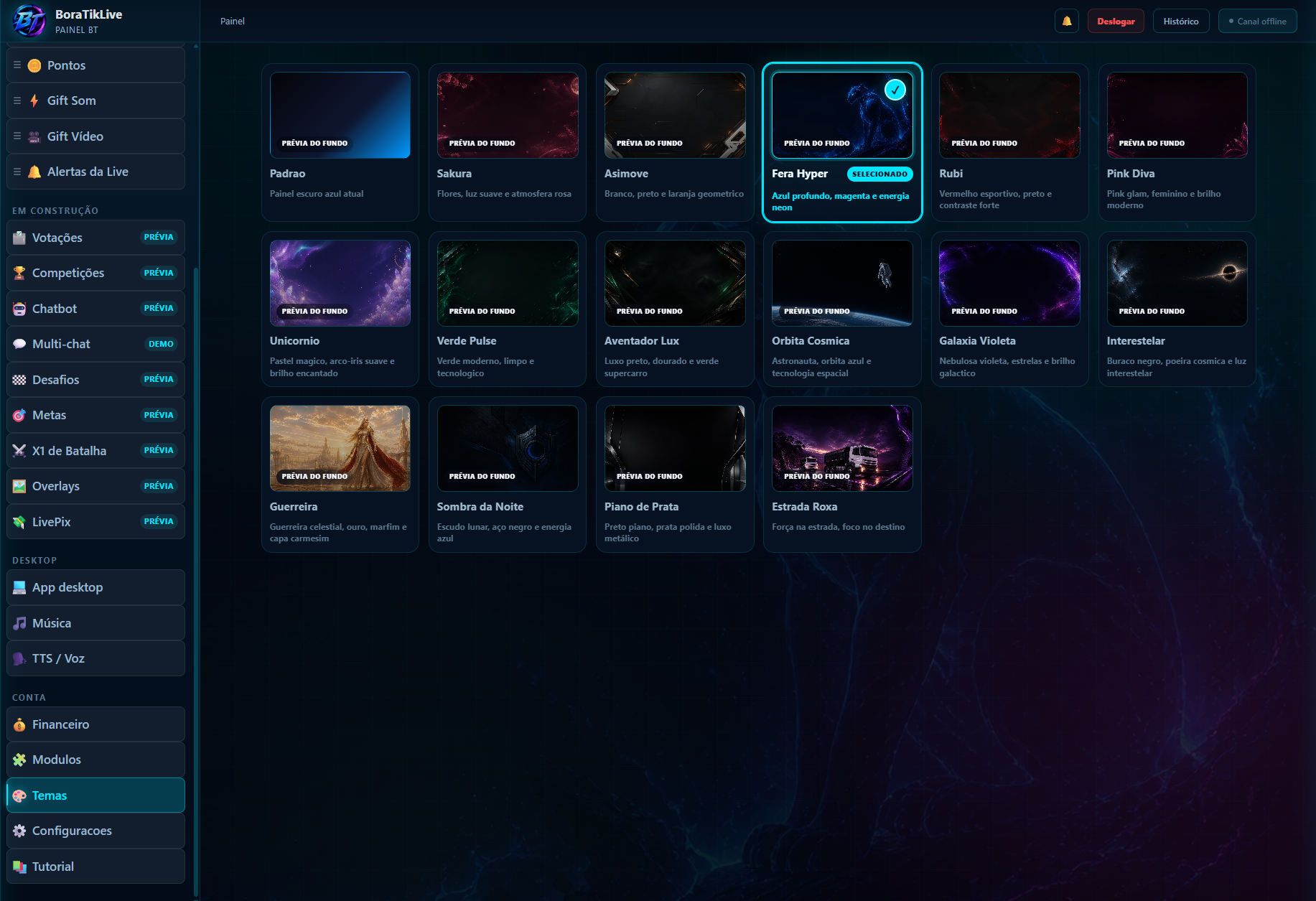 Captura real do tema Fera Hyper no aplicativo